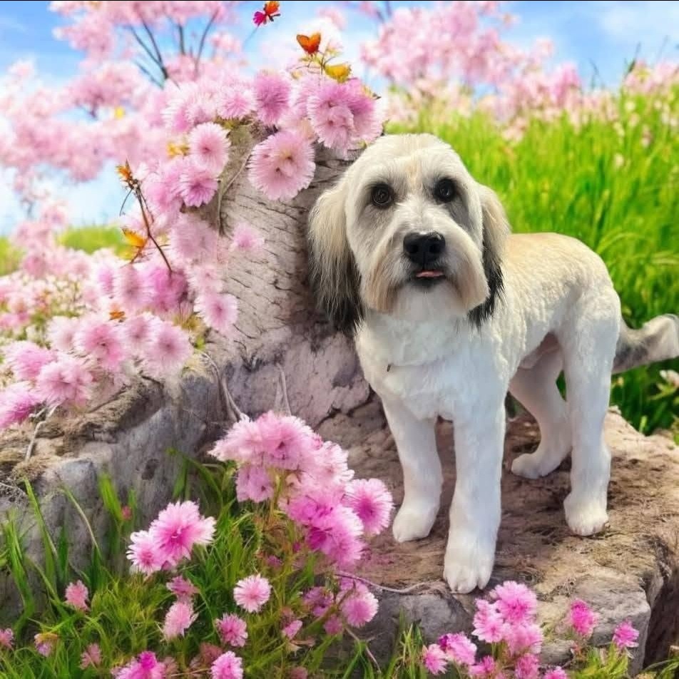 Shaggy dog among pink blossom