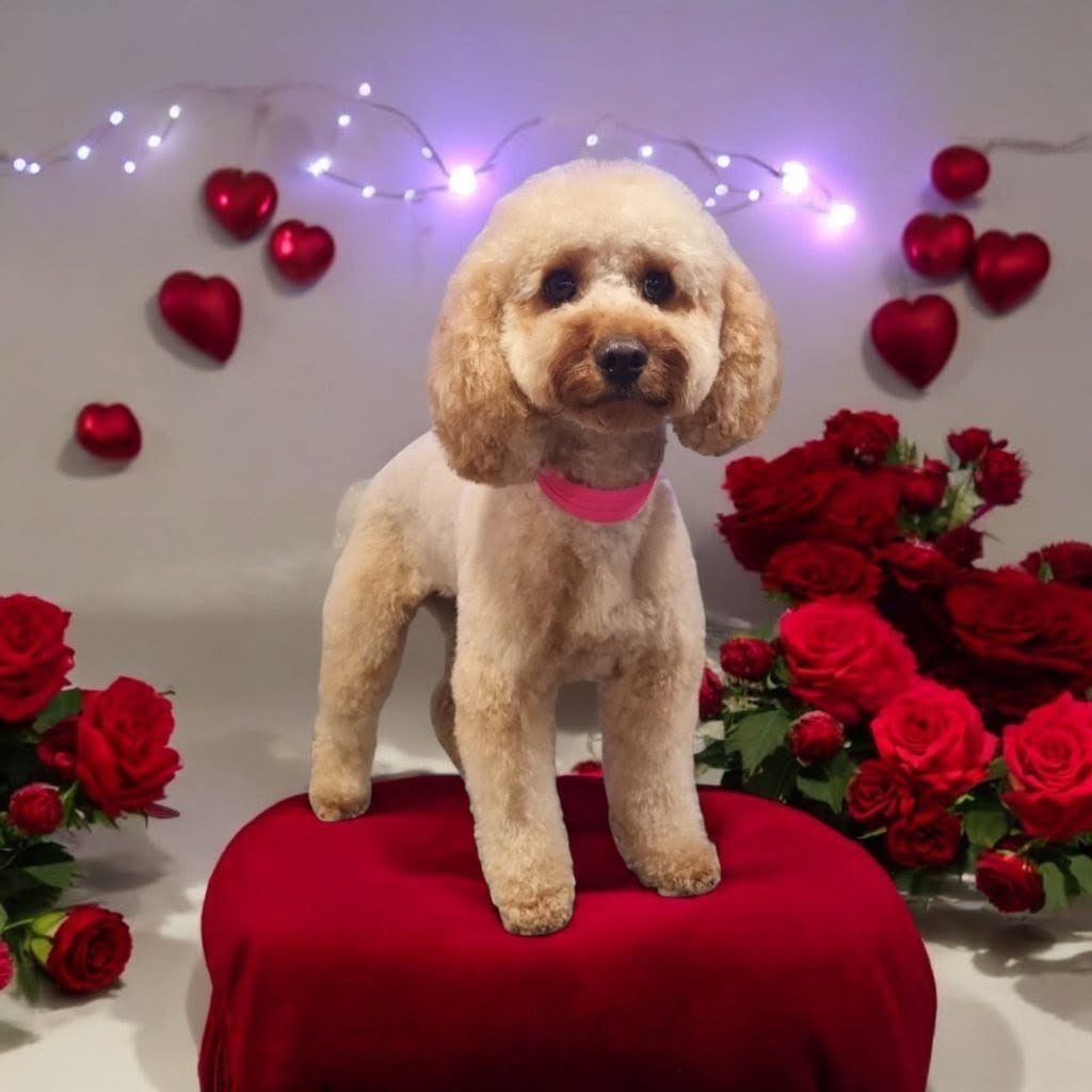 Apricot poodle with red roses