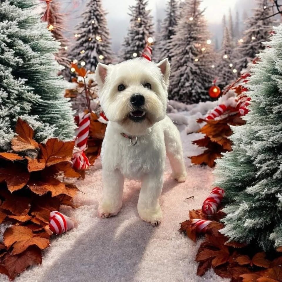 West Highland terrier in a snowy forest scene