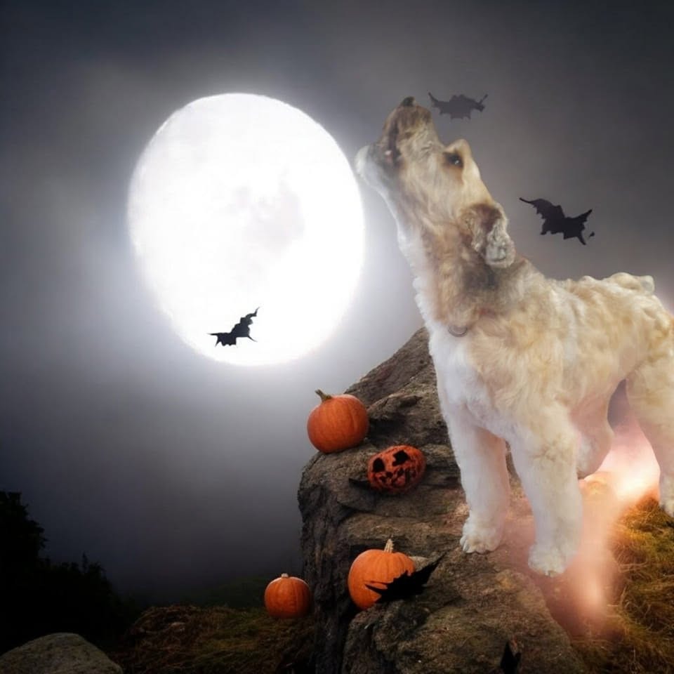 Dog howling at a full moon, Halloween edit