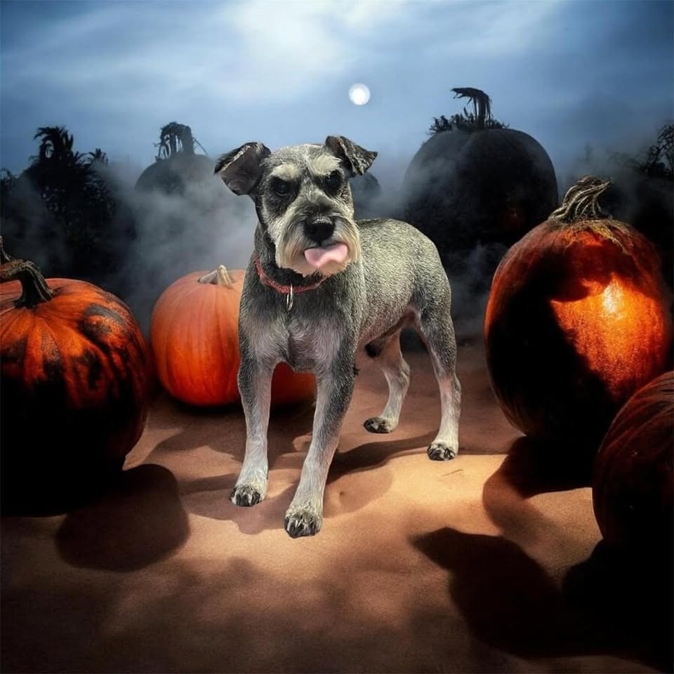 Schnauzer among Halloween pumpkins